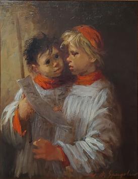 Deux enfants de chœur, Marthe De Spiegeleir, huile sur toile, 20e siècle, deux garçons en aubes blanches.