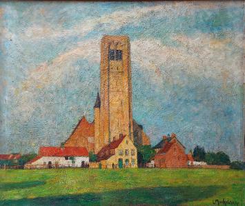 Schilderij van Leo Mechelaere kopenn kerk van Damme
