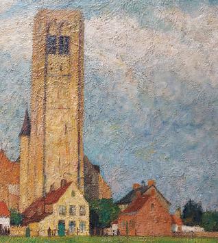 Leo Mechelaere met een olieverfschilderij op doek
