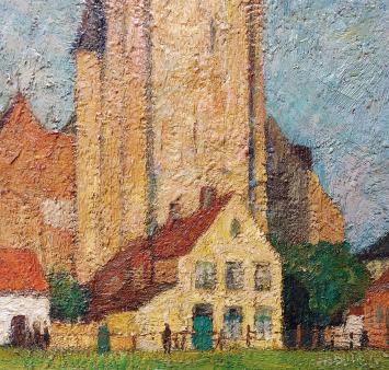 Schilderij van Leo Mechelaere van de Damse kerktoren