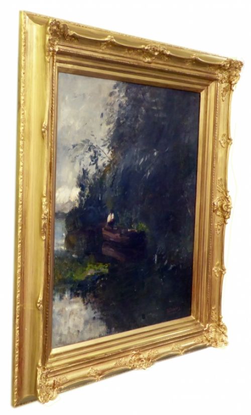 Sloep met man aan de bosrand