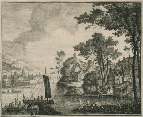 Rivierlandschap met zwemmers