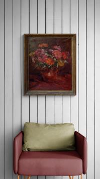 Stilleven vaasje met rode en oranje bloemen – oil on canvas – Jos Mous