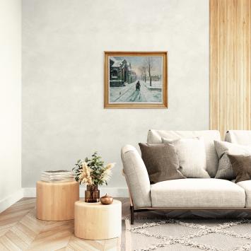 Voorzichtig op wandel in de sneeuw – Olie op paneel – Louis Van Hoorde