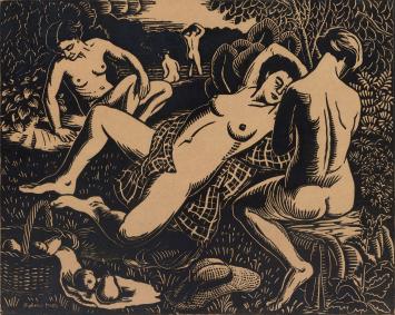 Woodcut van Alphonse Mora, naakte vrouwen