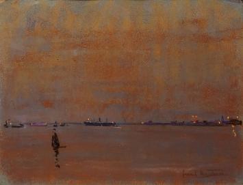 Franck Mortelmans met een pasteltekening, de Schelde