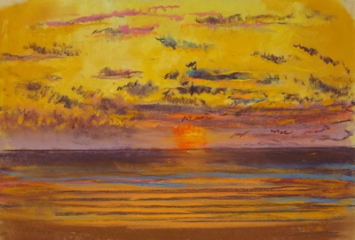 Franck Mortelmans met een pastel , de zee