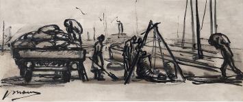 Jos Mous met een tekening in een kader