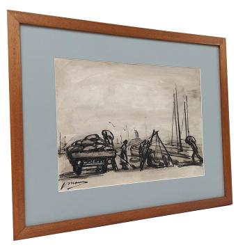 Inkttekening, laden en lossen van zakgoed in Antwerpse haven (buildragers)