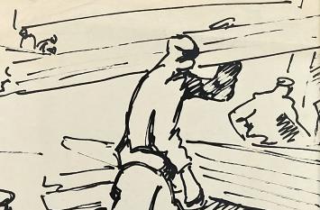 Jos Mous met een tekening in viltstift