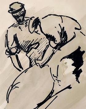 Jos Mous met een tekening in een breed kader