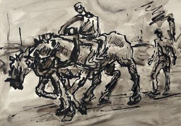 Jos Mous met dokwerkers en paarden