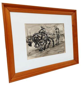 Twee dokkers met 2 natiepaarden aan het werk