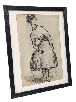 Inkttekening, dame met rok en pony
