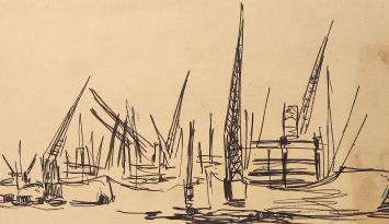 Jos Mous met een tekening van kranen