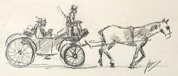 Jos Mous met een tekening van koets met paard en menner