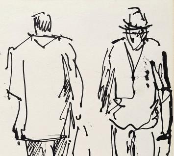 Jos Mous met een tekening in inkt