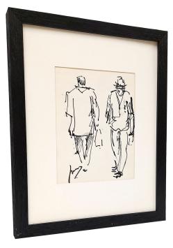 Inkttekening, twee mannen passeren elkaar