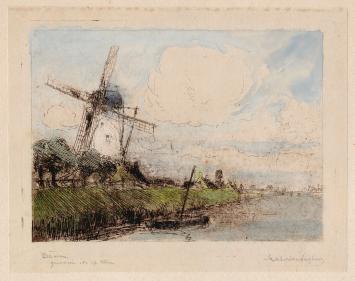 Maurice Seghers met een ets van Damme, de windmolen