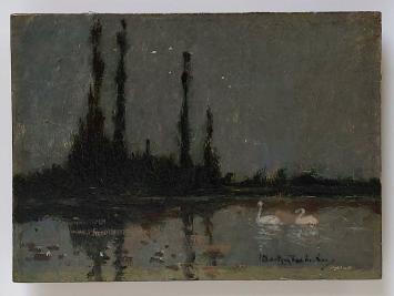 Twee witte zwanen op de vijver, olieverf op paneel door Marten Van der Loo, avondlandschap met waterreflecties.