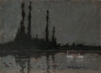 Twee witte zwanen op de vijver, oil on panel by Marten Van der Loo, evening landscape with water reflections.