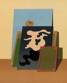 De Belgische kunstenaar Maxime Van De Woestijne met een kunstwerk op papier