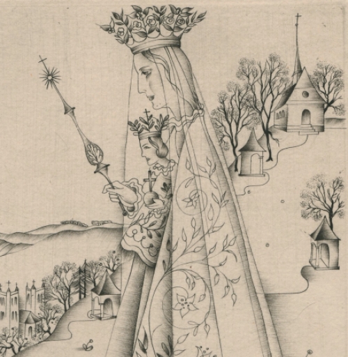 Margot Weemaes met een ets, moeder en kind