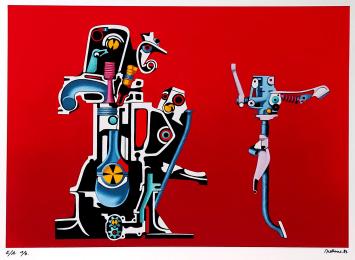 Roger Nellens met een zeefdruk gedrukt op 4 exemplaren