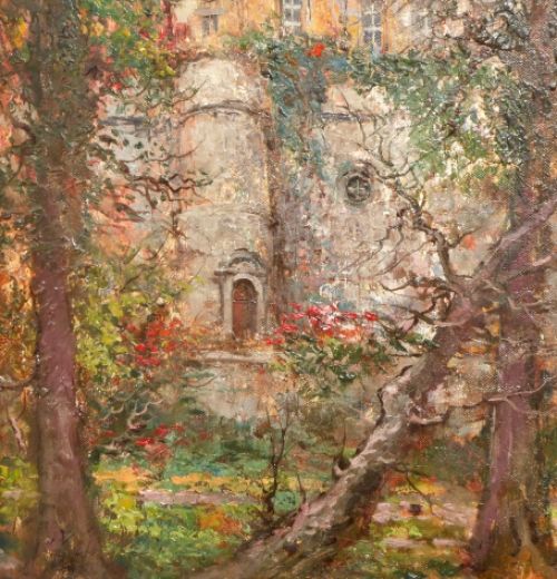 Gezicht op kasteel met toren van kasteelmuur in het bos