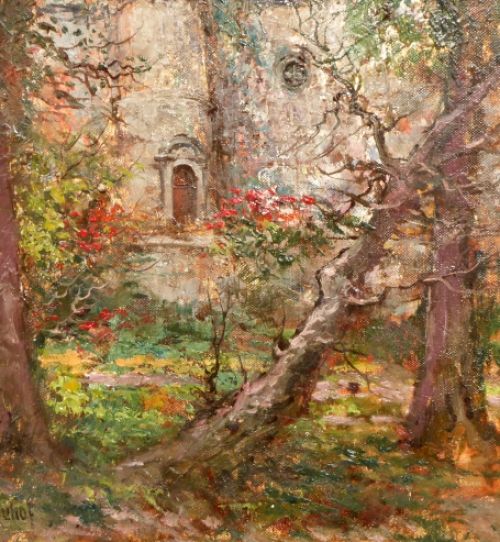 Gezicht op kasteel met toren van kasteelmuur in het bos