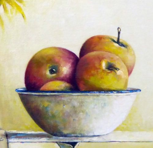 Stilleven emaillekom appels en forsythia