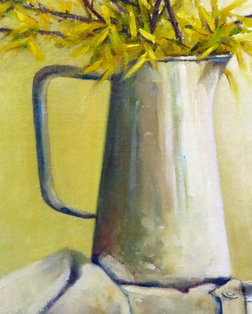 Stilleven emaillekom appels en forsythia