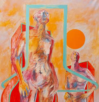 Marcel Notebaert met een groot schilderij