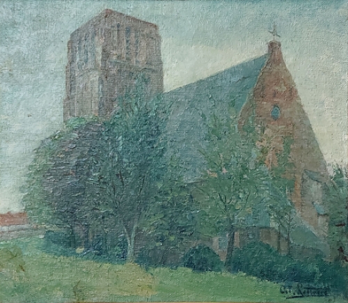 Octave Rotsaert met een zicht op een kerk