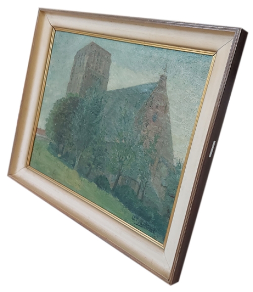 Octave Rotsaert met een schilderij op canvas