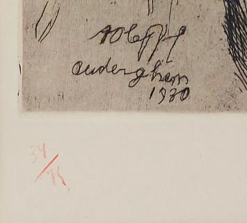 Auguste Oleffe met een ets van een dame