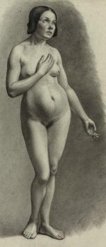 Grote potloodtekening van een naakte dame