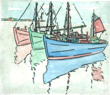 De Belgische graficus Léon Smets met een gekleurd grafisch werk