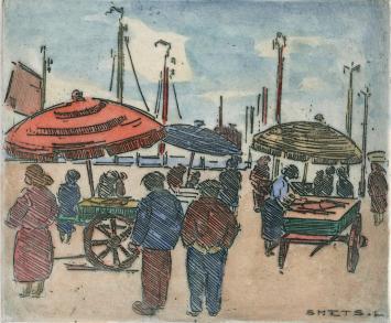 De Belgische etser Léon Smets met een grafisch kunstwerkje