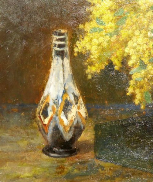 Stilleven met vaas en mimosa