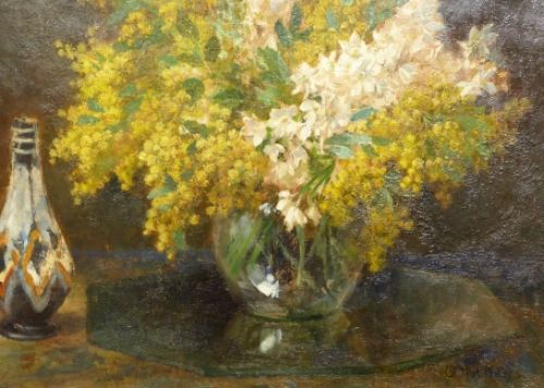 Stilleven met vaas en mimosa