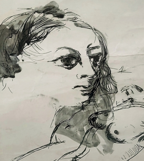 Paul Delvaux met een tekening, lavis