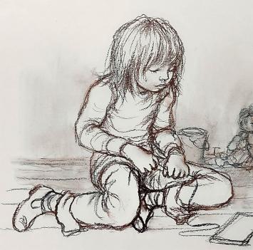 Tekening, het spelende kindje