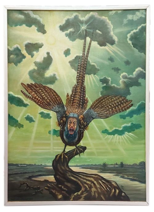 de Belgische kunstenaar Paul Van Dessel met een schilderij