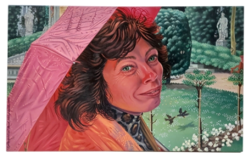 de Belgische kunstenaar Paul Van Dessel met een schilderij