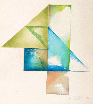 Pál Horváth met een abstract werk op papiermet een ets van Oud poortje (Kuyperstraat)