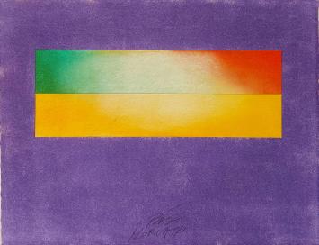 Pál Horváth met een abstract werk op papiermet een ets van Oud poortje (Kuyperstraat)