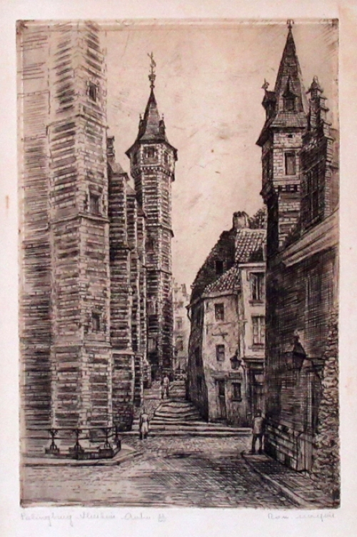 Belgische etser Romain Malfliet met een ets van Antwerpen