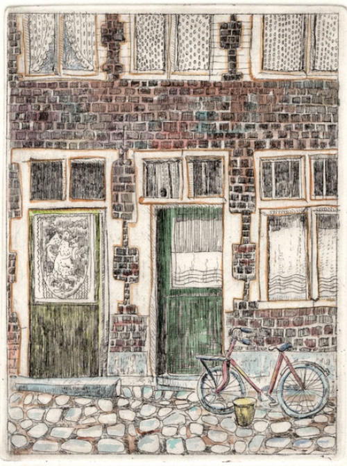 Gustaaf Prils  met een grafisch werkje, een gekleurde ets