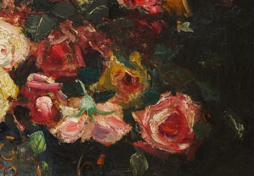 Fraai ovaal schilderij,  bloemenstilleven
